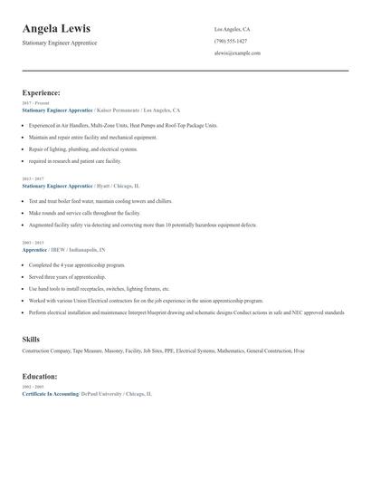 Stationary Engineer Apprentice Resume