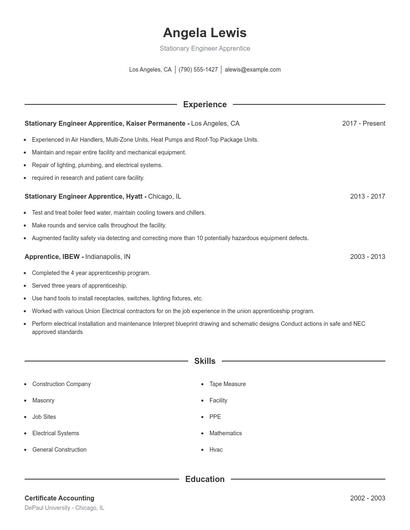 Stationary Engineer Apprentice Resume