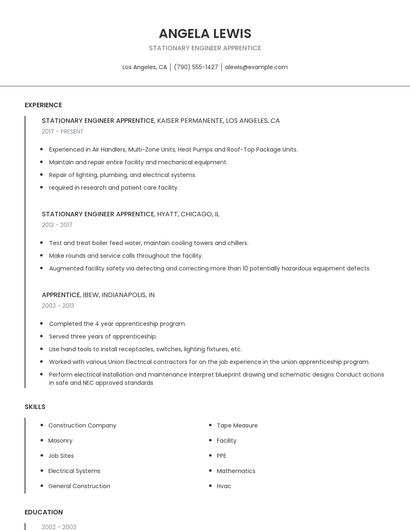 Stationary Engineer Apprentice Resume