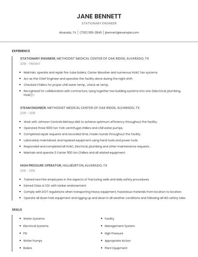 Stationary Engineer Resume