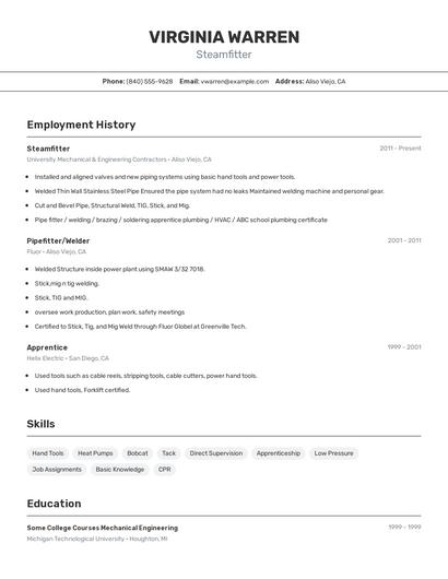 Steamfitter Resume
