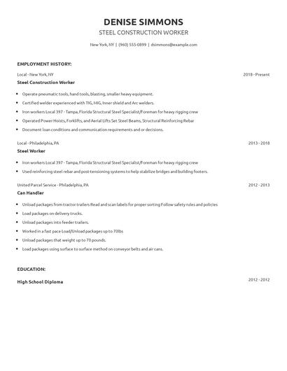 Steel Construction Worker Resume