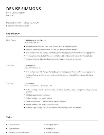 Steel Construction Worker Resume
