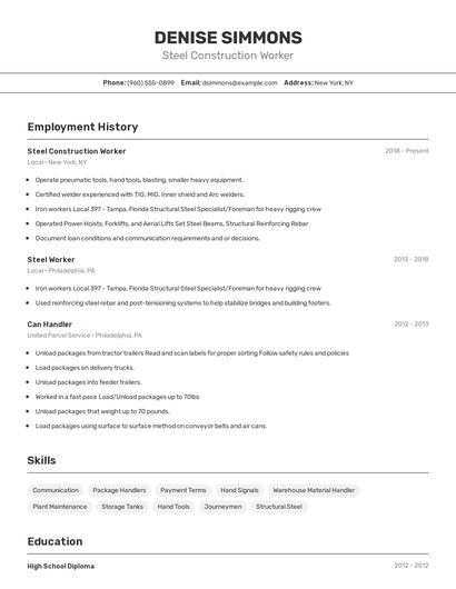 Steel Construction Worker Resume