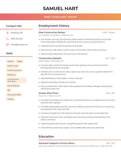 Steel Construction Worker Resume