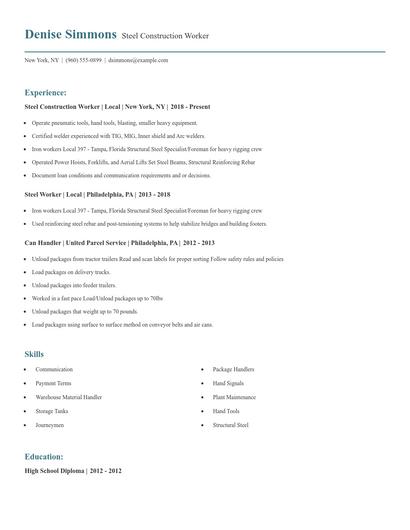 Steel Construction Worker Resume