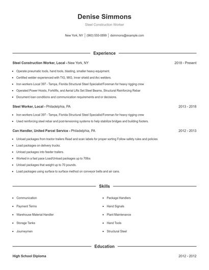 Steel Construction Worker Resume