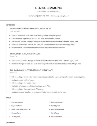 Steel Construction Worker Resume
