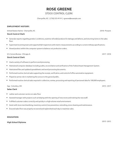 Stock Control Clerk Resume