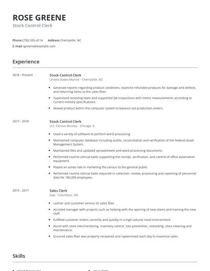 Stock Control Clerk Resume