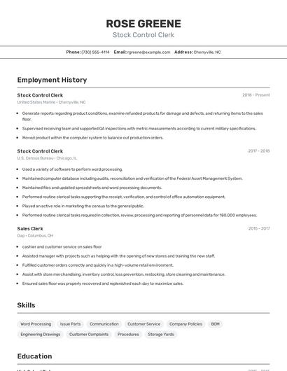 Stock Control Clerk Resume