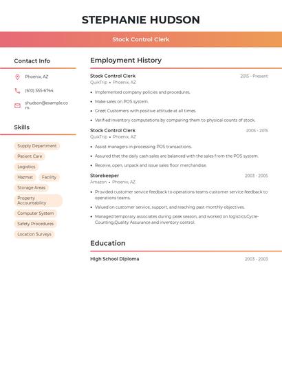 Stock Control Clerk Resume