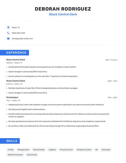 Stock Control Clerk Resume