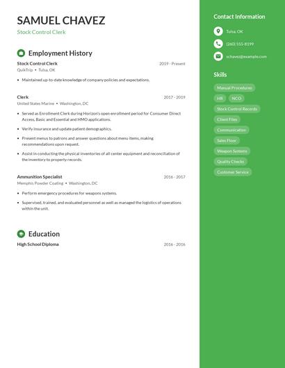 Stock Control Clerk Resume