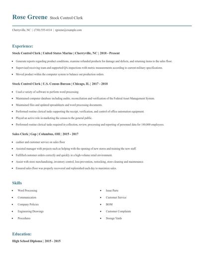Stock Control Clerk Resume