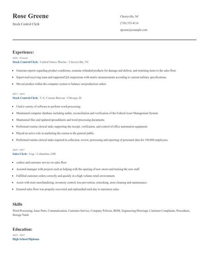 Stock Control Clerk Resume