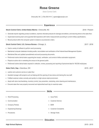 Stock Control Clerk Resume
