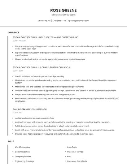 Stock Control Clerk Resume