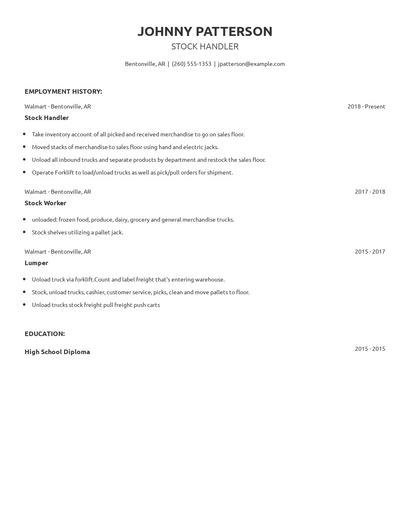 Stock Handler Resume