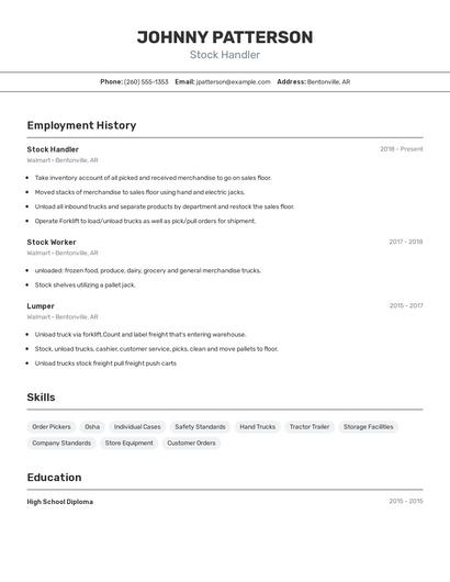 Stock Handler Resume