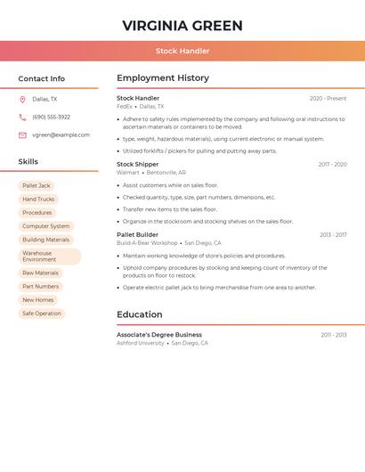 Stock Handler Resume