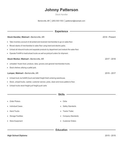 Stock Handler Resume
