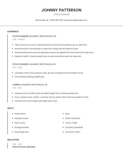 Stock Handler Resume