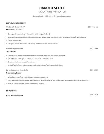 Stock Parts Fabricator Resume