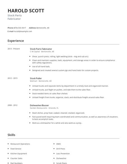 Stock Parts Fabricator Resume