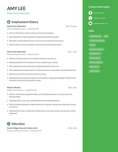 Stock Parts Fabricator Resume