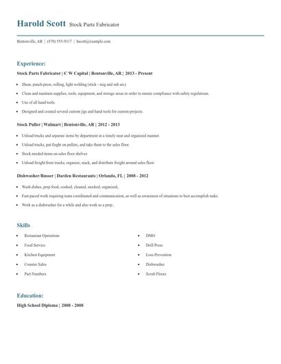 Stock Parts Fabricator Resume