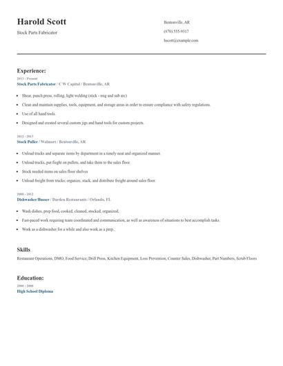 Stock Parts Fabricator Resume