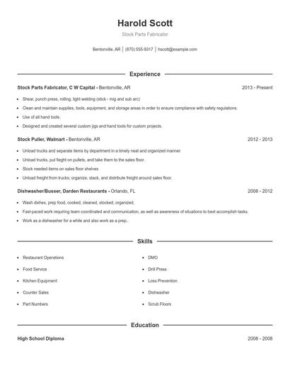 Stock Parts Fabricator Resume