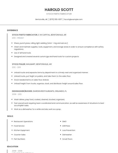 Stock Parts Fabricator Resume