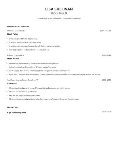 Stock Puller Resume