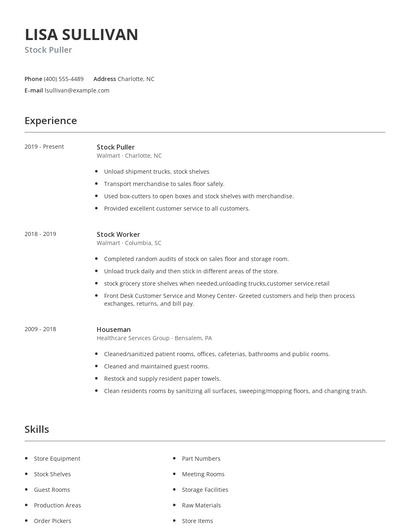 Stock Puller Resume