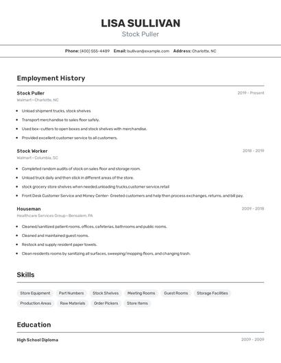 Stock Puller Resume