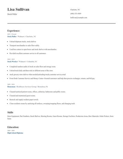 Stock Puller Resume