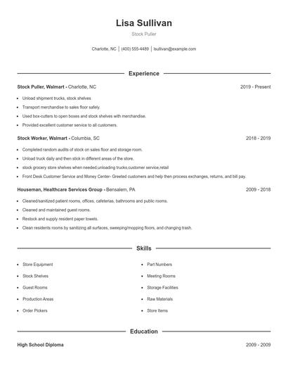 Stock Puller Resume