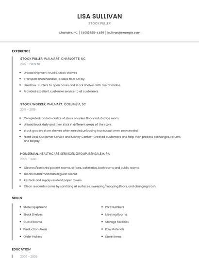 Stock Puller Resume
