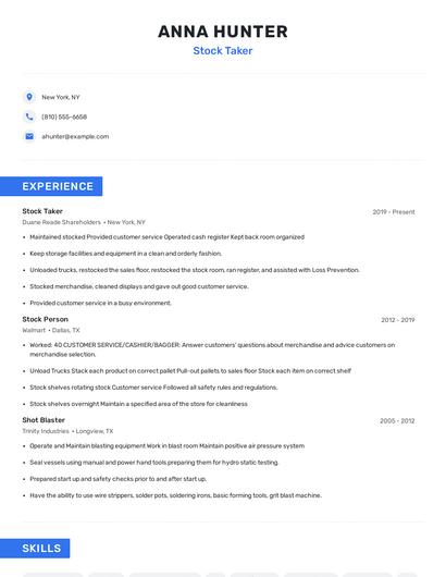 Stock Taker Resume