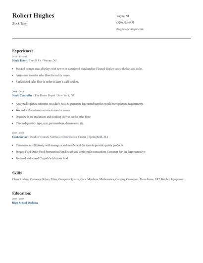 Stock Taker Resume