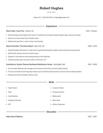 Stock Taker Resume