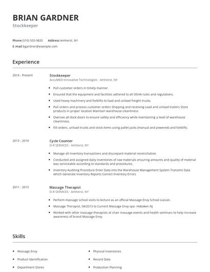 Stockkeeper Resume