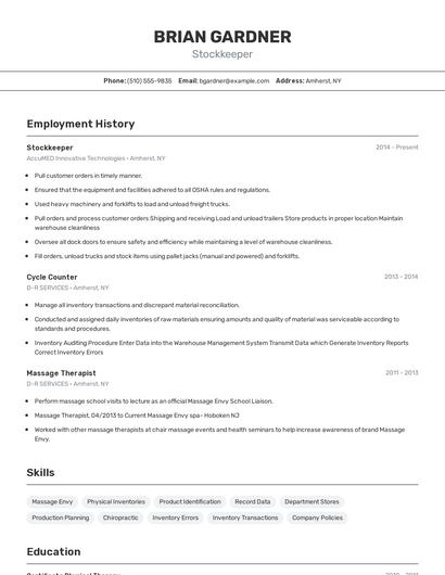 Stockkeeper Resume