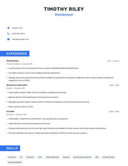 Stockkeeper Resume