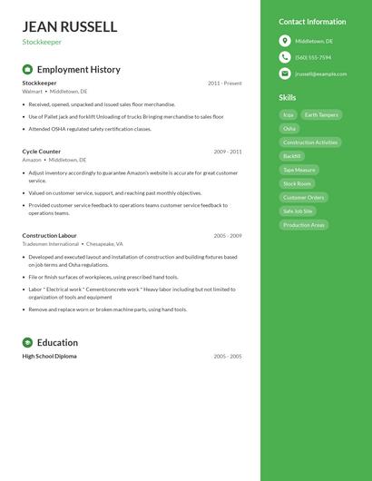 Stockkeeper Resume