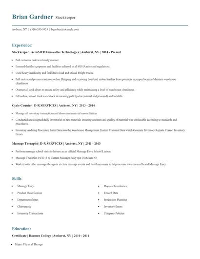 Stockkeeper Resume