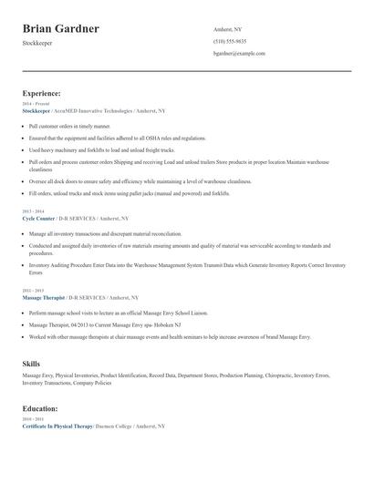 Stockkeeper Resume