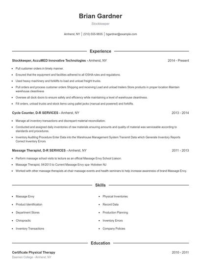 Stockkeeper Resume